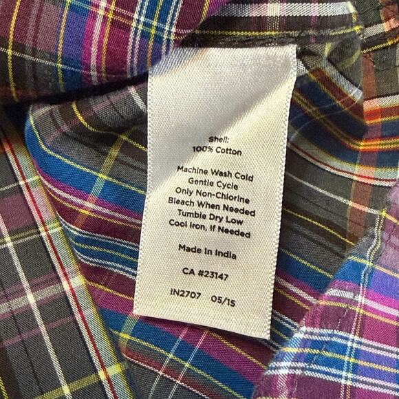 Talbots Woman 1X Plaid Shirt Roll Tab Sleeves Denim Trim Multicolor Cotton Plus - Picture 7 of 7
